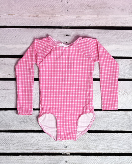 Textured Gingham Girls Long Sleeve with Bow Back