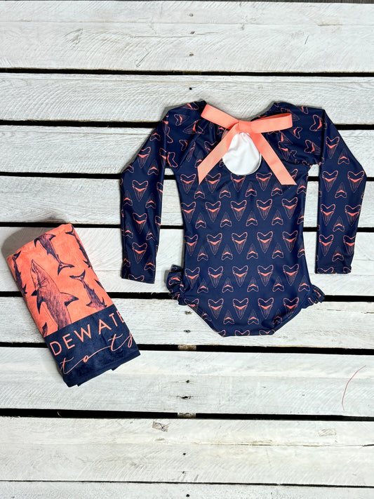 Shark Bite Girls Long Sleeve Suit with Bow and Hooded Towel Bundle