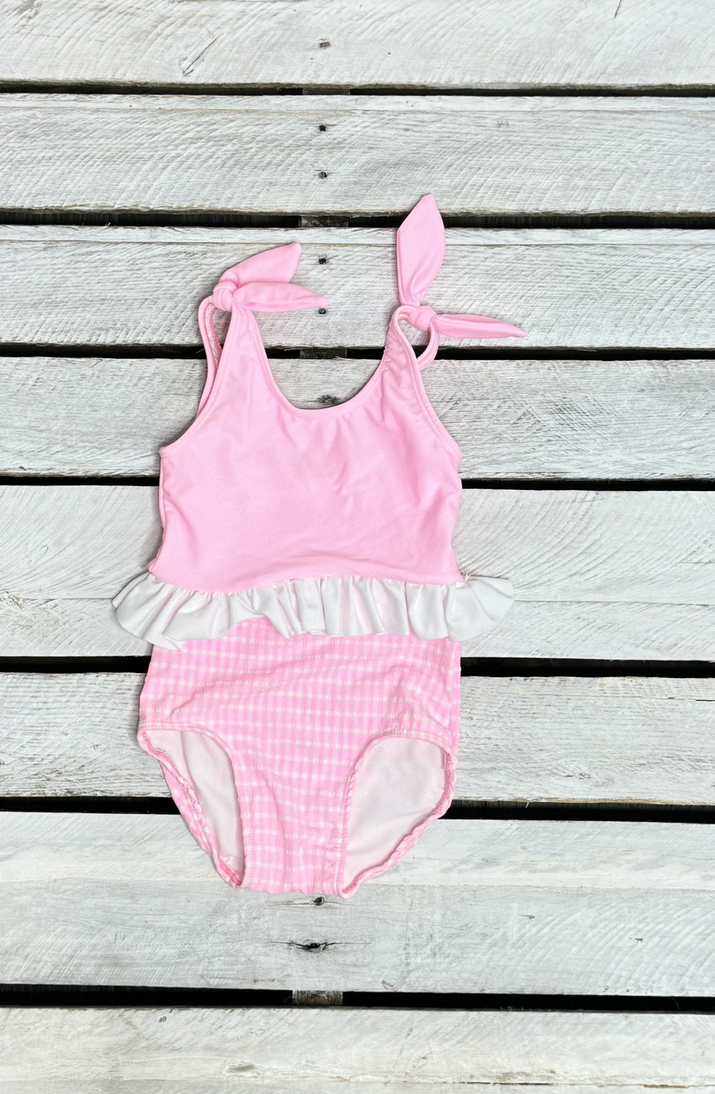 Texture Gingham Girls Skirted Swimsuit with Ties