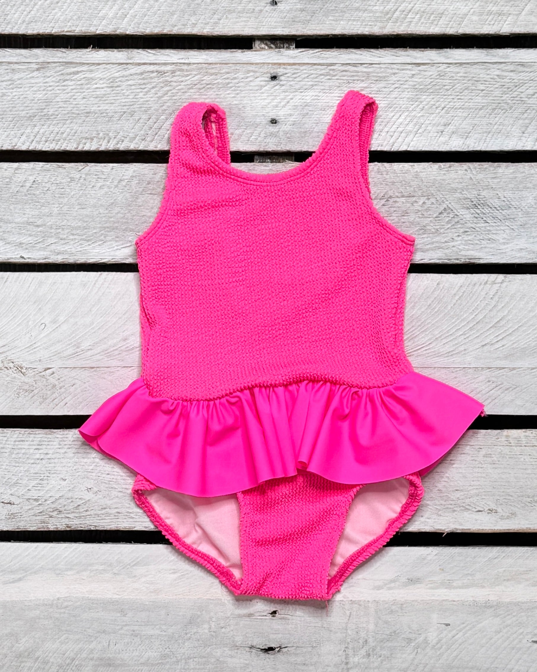 Mini Ruffle Girls Skirted Swimsuit in Hot Neon Pink 8 Mini Ruffle Girls Skirted Swimsuit in Hot Neon Pink 8