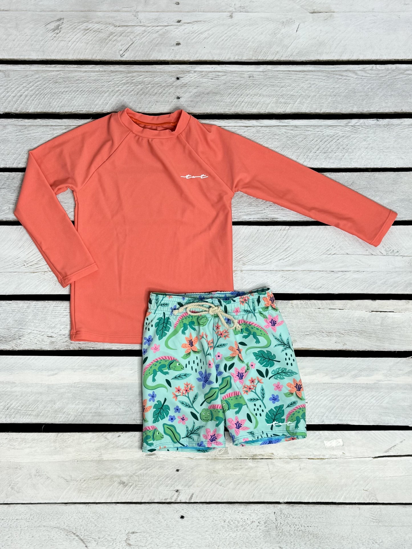 Tropical Iguanas Boys Long Sleeve Sun Shirt and Swim Trunks