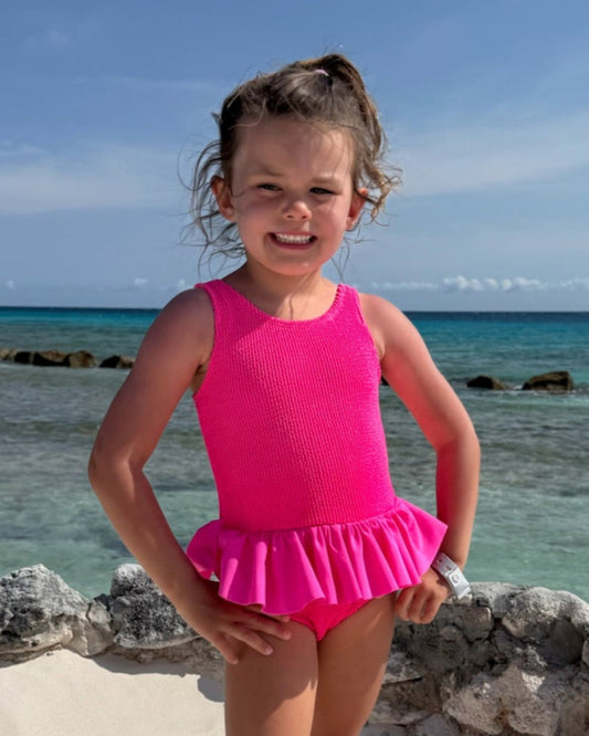 Mini Ruffle Girls Skirted Swimsuit in Hot Neon Pink
