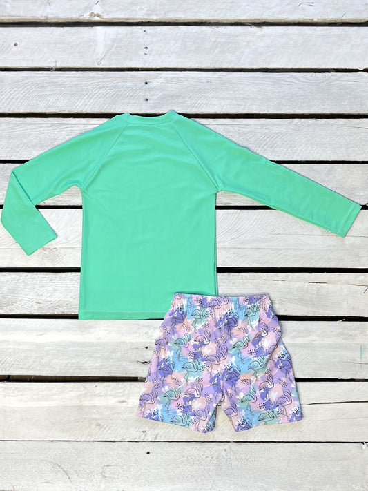 Painted Flamingo Boys Sun Shirt and Swim Trunk Set