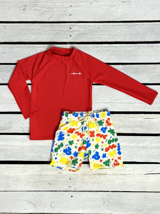 Retro Squiggles Boys Long Sleeve Sun Shirt and Swim Trunk Set