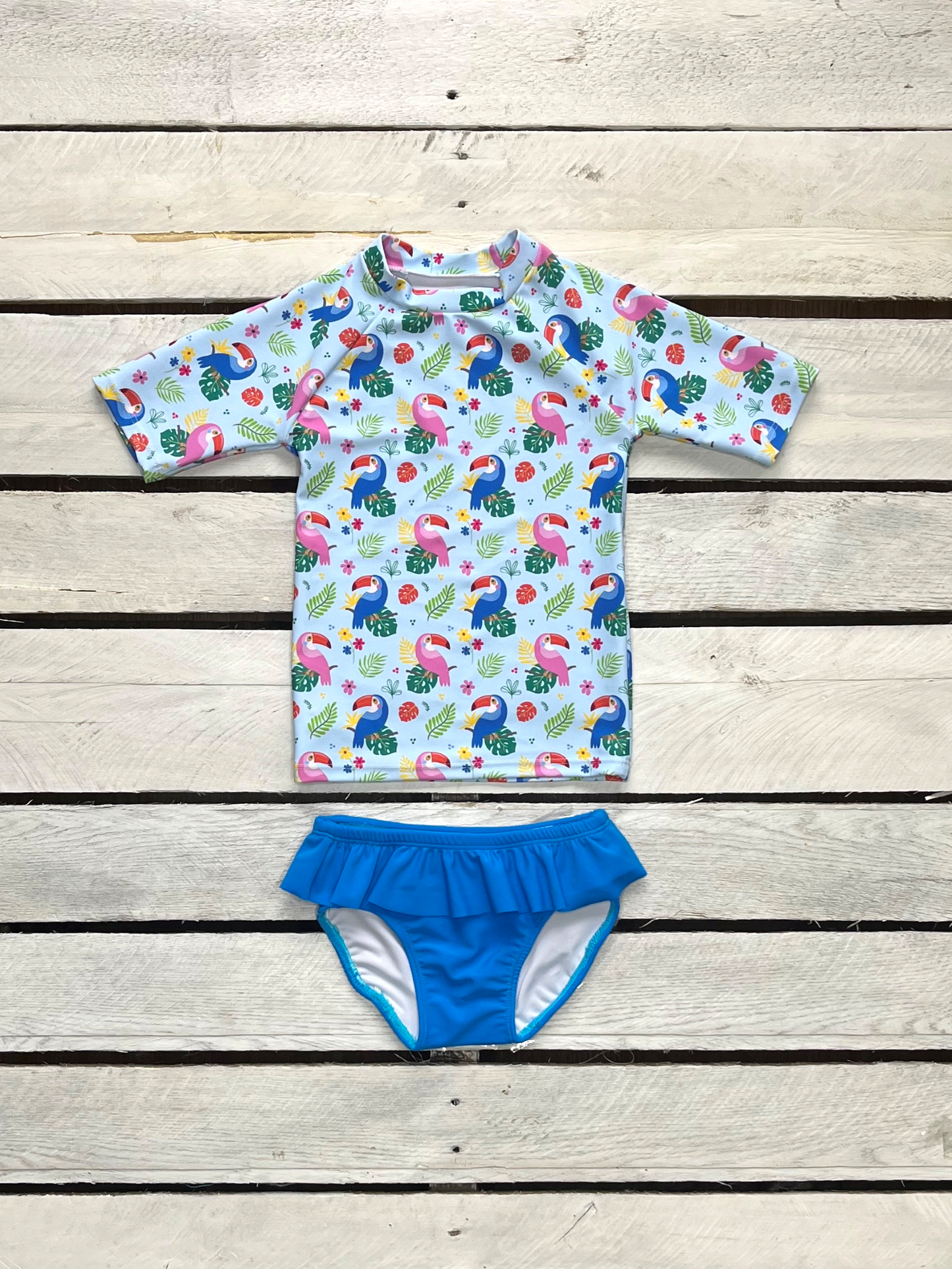 Too Cute Toucans Girls Short Sleeve Sun Shirt and Bottoms