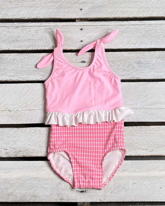 Textured Gingham Girls Skirted Swimsuit with Ties