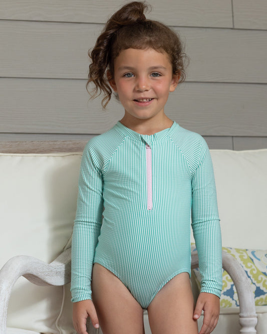 Seafoam Seersucker Zipper Front Swimsuit