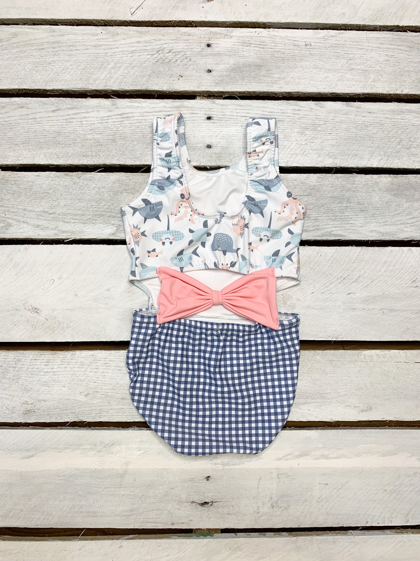 Sea Life Gingham Cutout Swimsuit With Bow