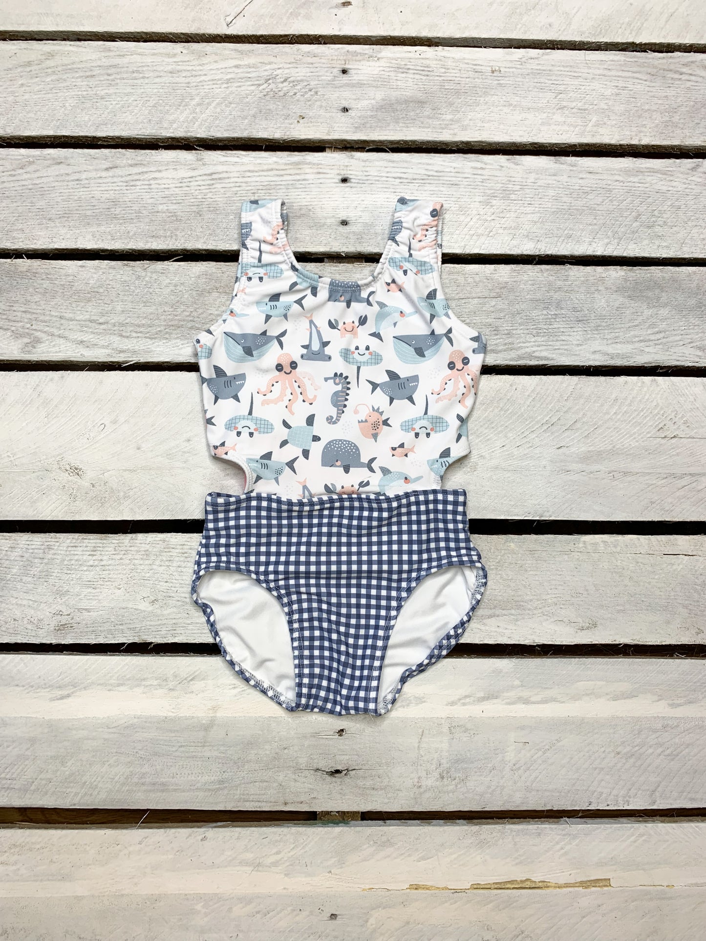 Sea Life Gingham Cutout Swimsuit With Bow