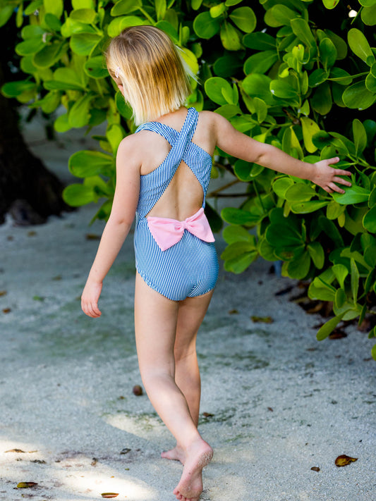 Coastal Seersucker Girls Criss Cross Open Back Swimsuit