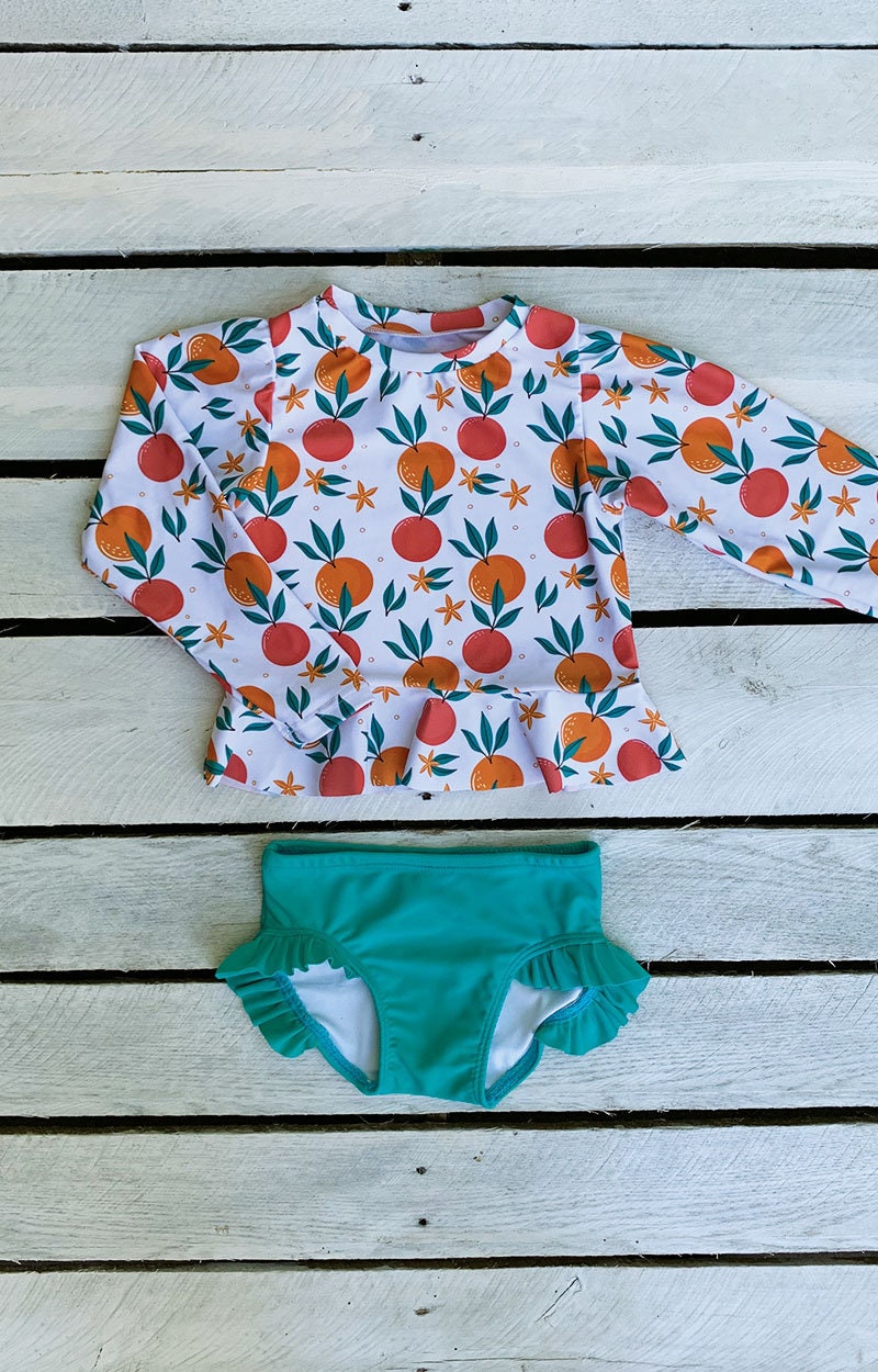 Tropical Fruit Long Sleeve Sun Shirt and Ruffle Swim Bottom Set