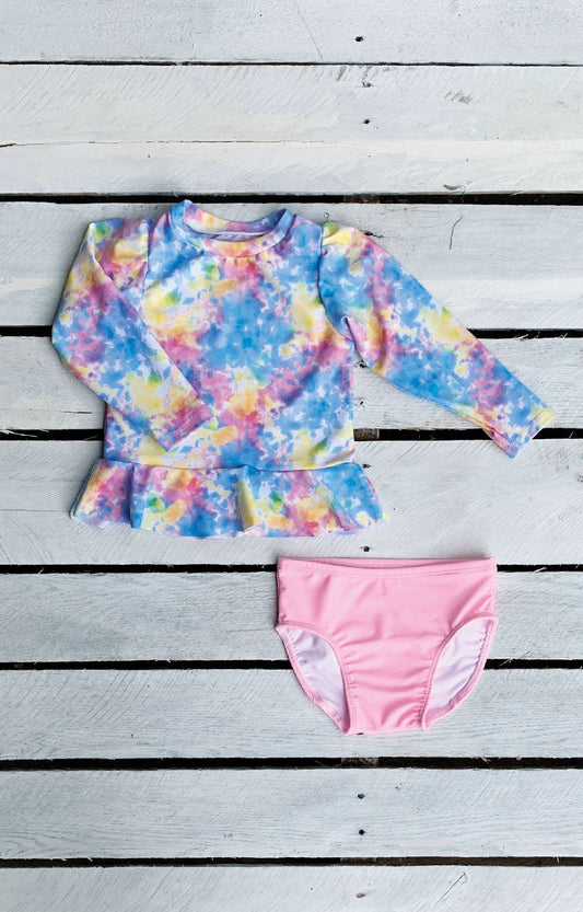 Girls Tie Dye Dreams Long Sleeve Sun Shirt with Swim Bottom Set