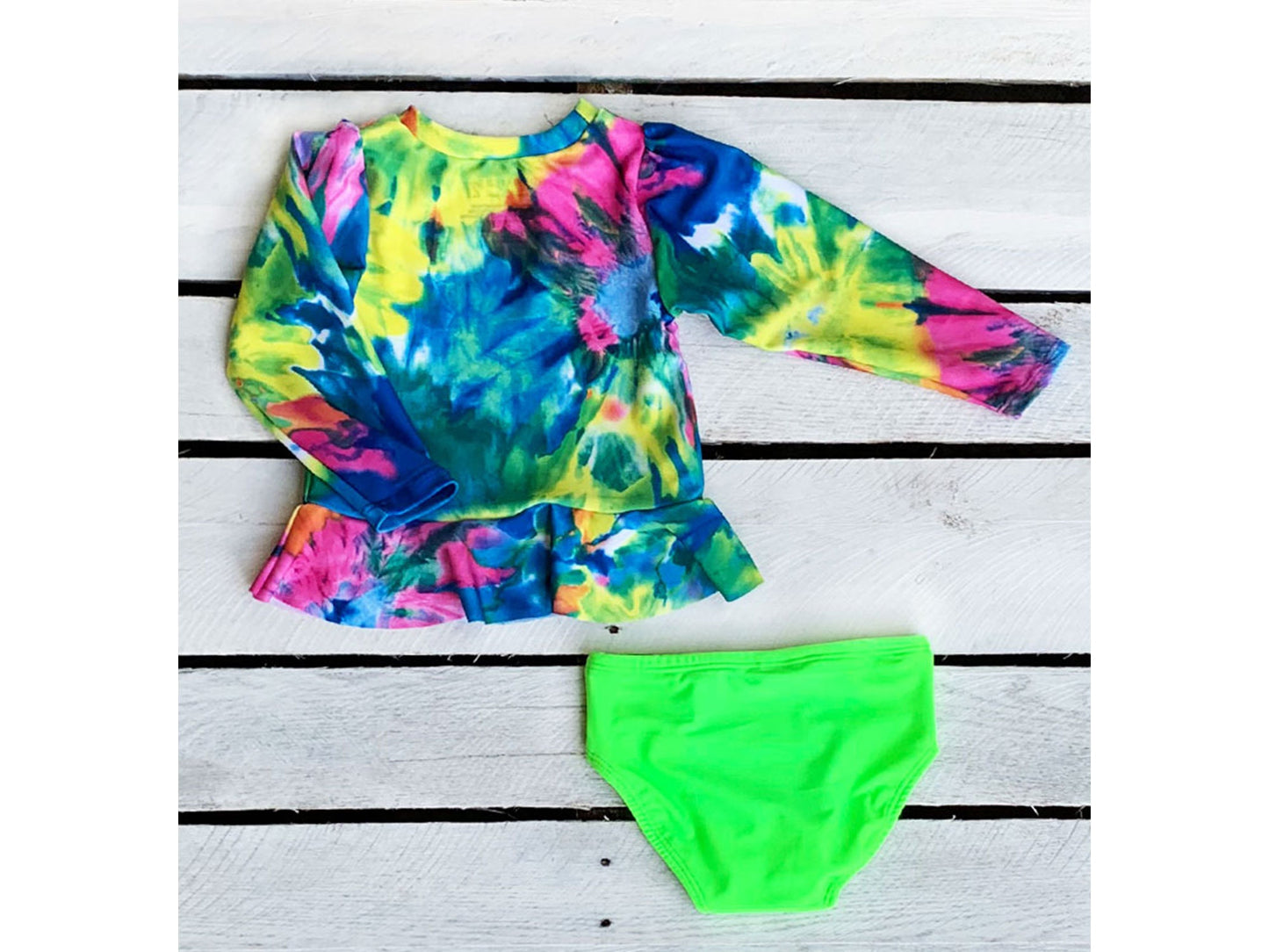 Girls Neon Tie Dye Long Sleeve Sun Shirt with Swim Bottom Set