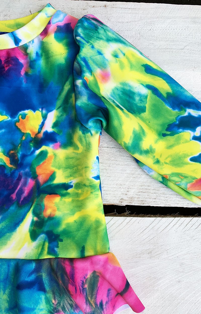 Girls Neon Tie Dye Long Sleeve Sun Shirt with Swim Bottom Set