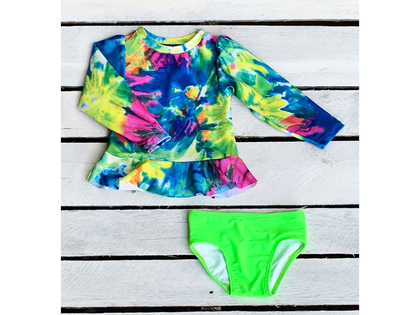 Girls Neon Tie Dye Long Sleeve Sun Shirt with Swim Bottom Set