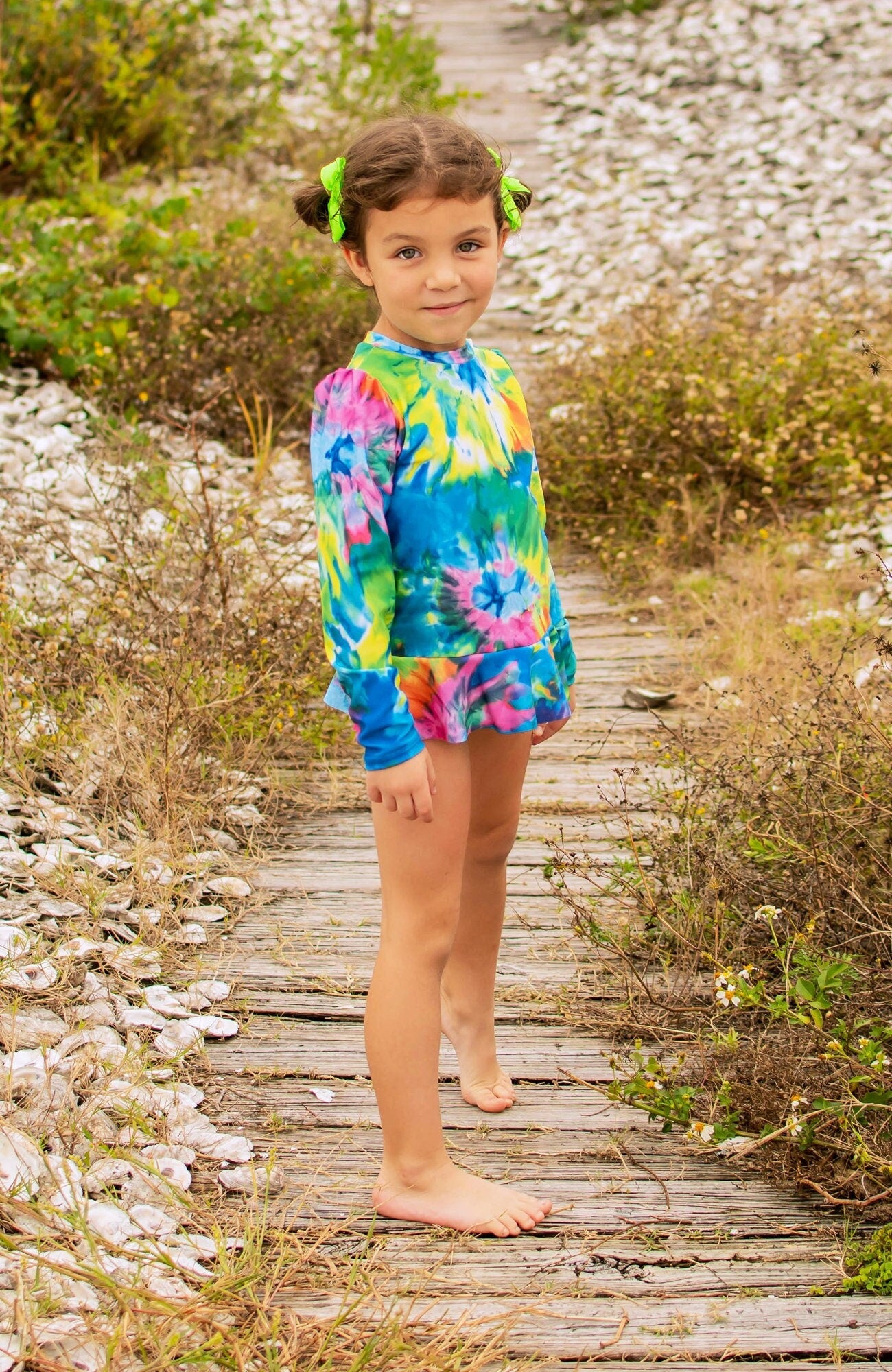 Girls Neon Tie Dye Long Sleeve Sun Shirt with Swim Bottom Set