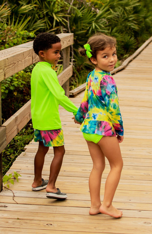 Neon Tie Dye Boy Sun Shirt and Trunk Set