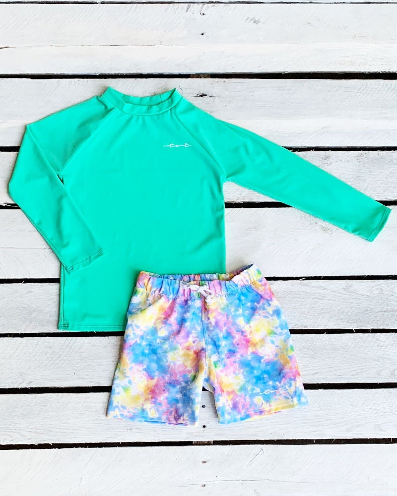 Tie Dye Dreams Long Sleeve Sun Shirt and Swim Trunk Set