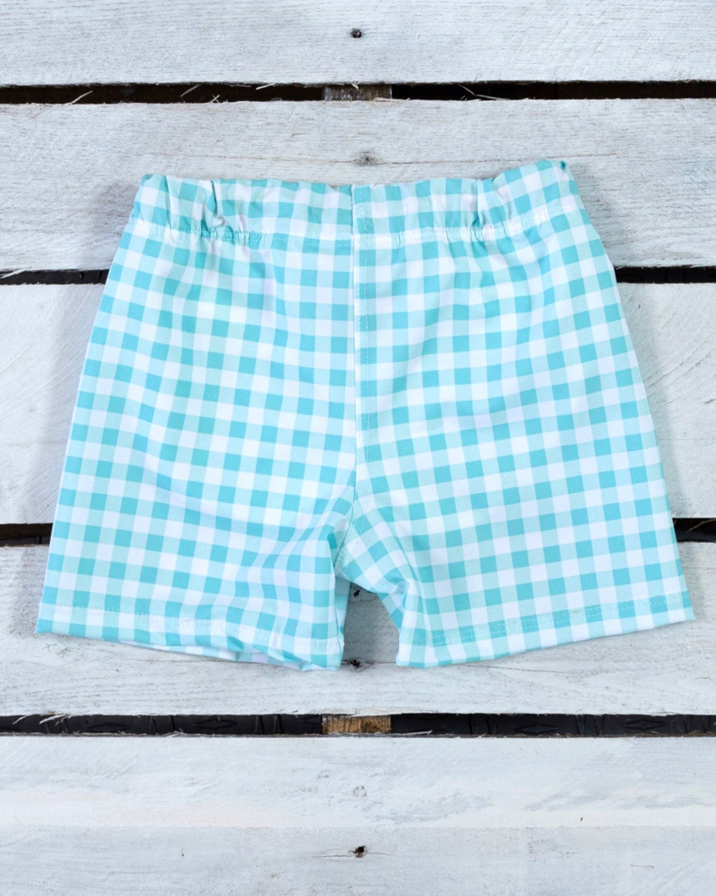 Seafoam Gingham Swim Trunks