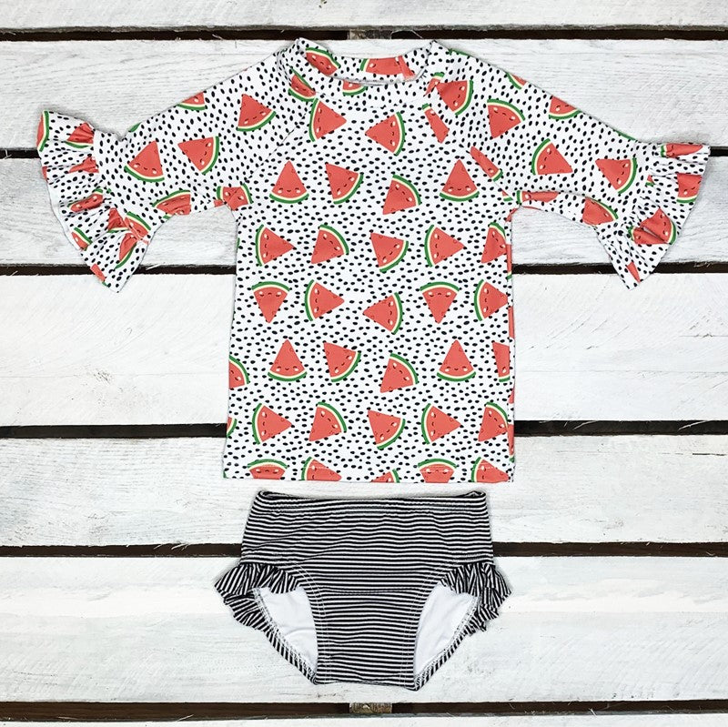 Watermelon Cutie Half Sleeve Sun Shirt and Ruffle Swim Bottom Set